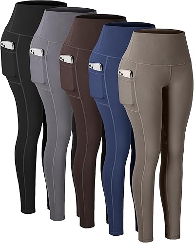 Miniatura 24 de CHRLEISURE - Calzas con bolsillos para mujeres, pantalones de yoga de cintura alta con control de abdomen para entrenamiento Paquete de 5