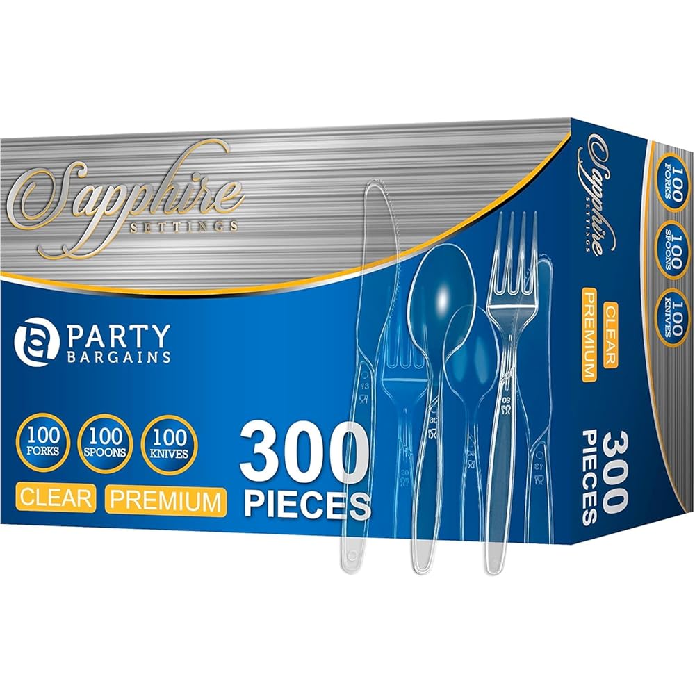 Party Bargains Disposable Cutlery Set Color: Clear Sapphire 300 Pcs: 100 Spoons, 100 Knives, 100 Forks. Heavy Duty & Solid Disposable Silverware Utensils Set for Weddings, Buffets, Luncheons