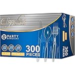Party Bargains Disposable Cutlery Set Color: Clear Sapphire 300 Pcs: 100 Spoons, 100 Knives, 100 Forks. Heavy Duty & Solid Disposable Silverware Utensils Set for Weddings, Buffets, Luncheons