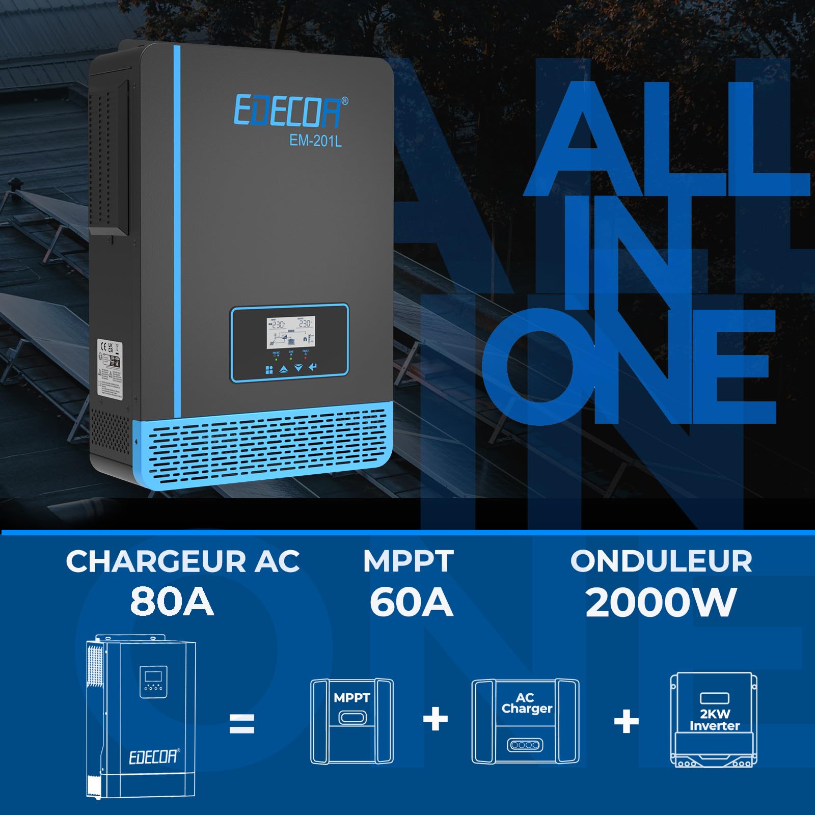 EDECOA Onduleur Hybride 2000 W 12 V vers 230 V 2000 VA/2000 W MPPT 60 A sinusoïdal Pur (Off Grid) avec Chargeur de Batterie, priorité réseau, régulateur de Charge Solaire