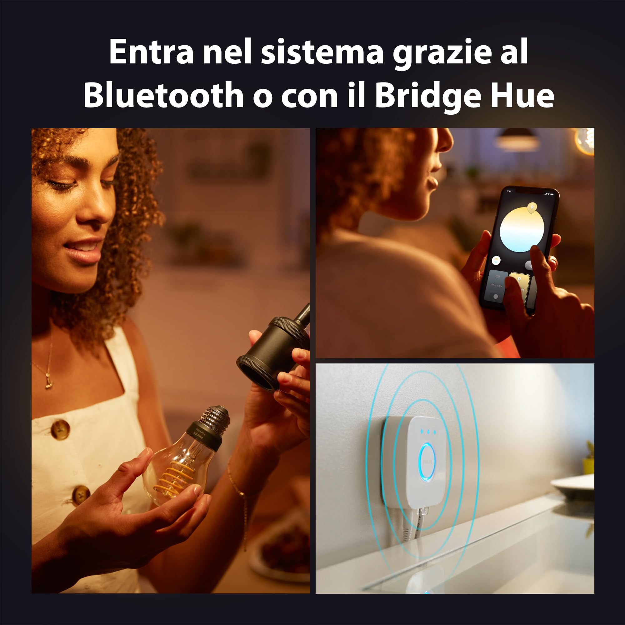 Philips Hue White Ambiance, Lampadina Smart Filamento, Luce Bianca da Calda a Fredda, E27, 7W, Dimmerabile, Bluetooth