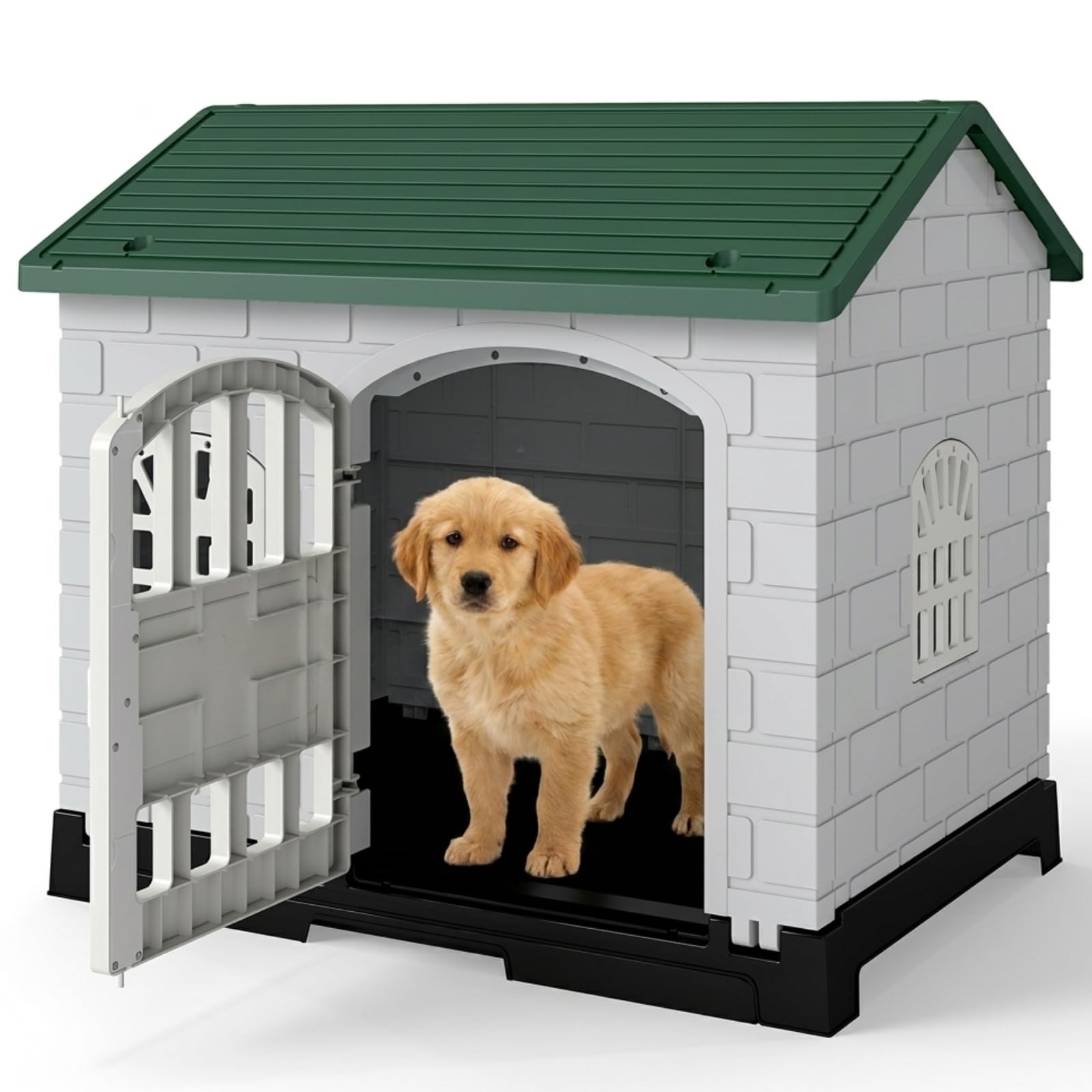 Maxmass Plastic Dog House, Waterproof Pet Shelter with Sloped Roof, Lockable Door, Windows, Removable Toilet Tray, Indoor Outdoor Pet Kneel Cage Crate for Dogs Cats Puppy Rabbits (Green+Grey)