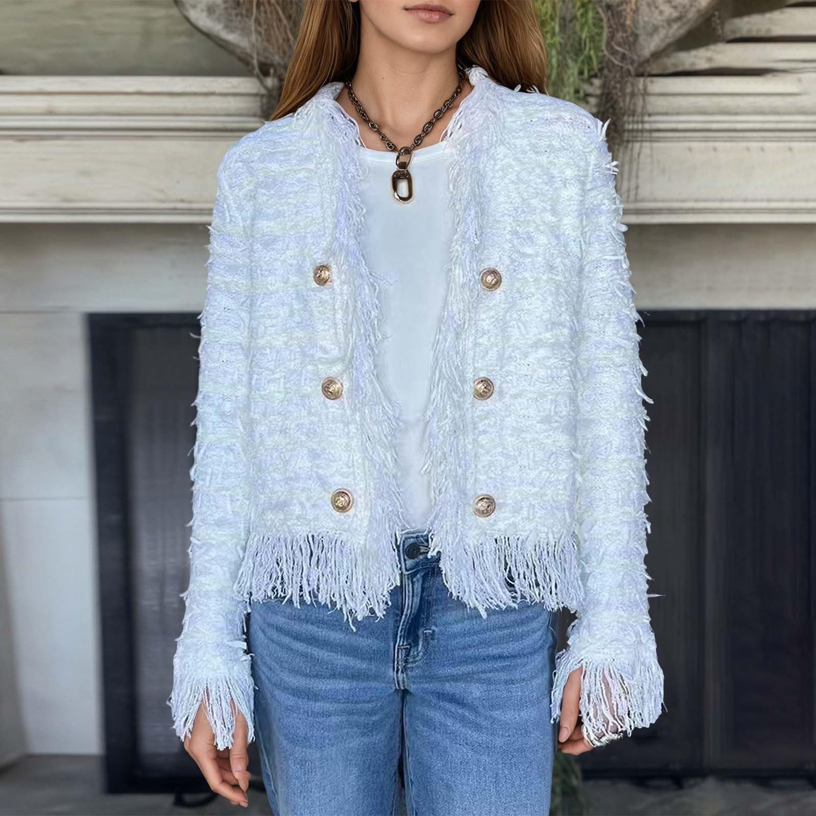 Chaqueta Informal Femenina Elegante con Detalles de Flecos y Botones metálicos Decorativos para Temporada