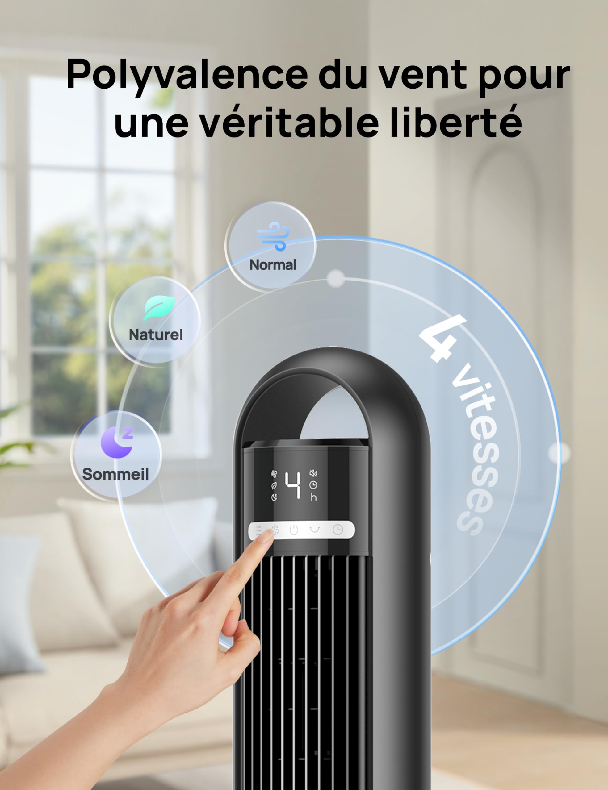 DREO Ventilateur Colonne Silencieux 28 dB pour Chambre, Couverture Max 9 m, Ventilateur Debout sans Lame, 7,6 m/s, Oscillation 90°, 4 Vitesses, 3 Modes, Minuteur 8H, Affichage LED, Noir.