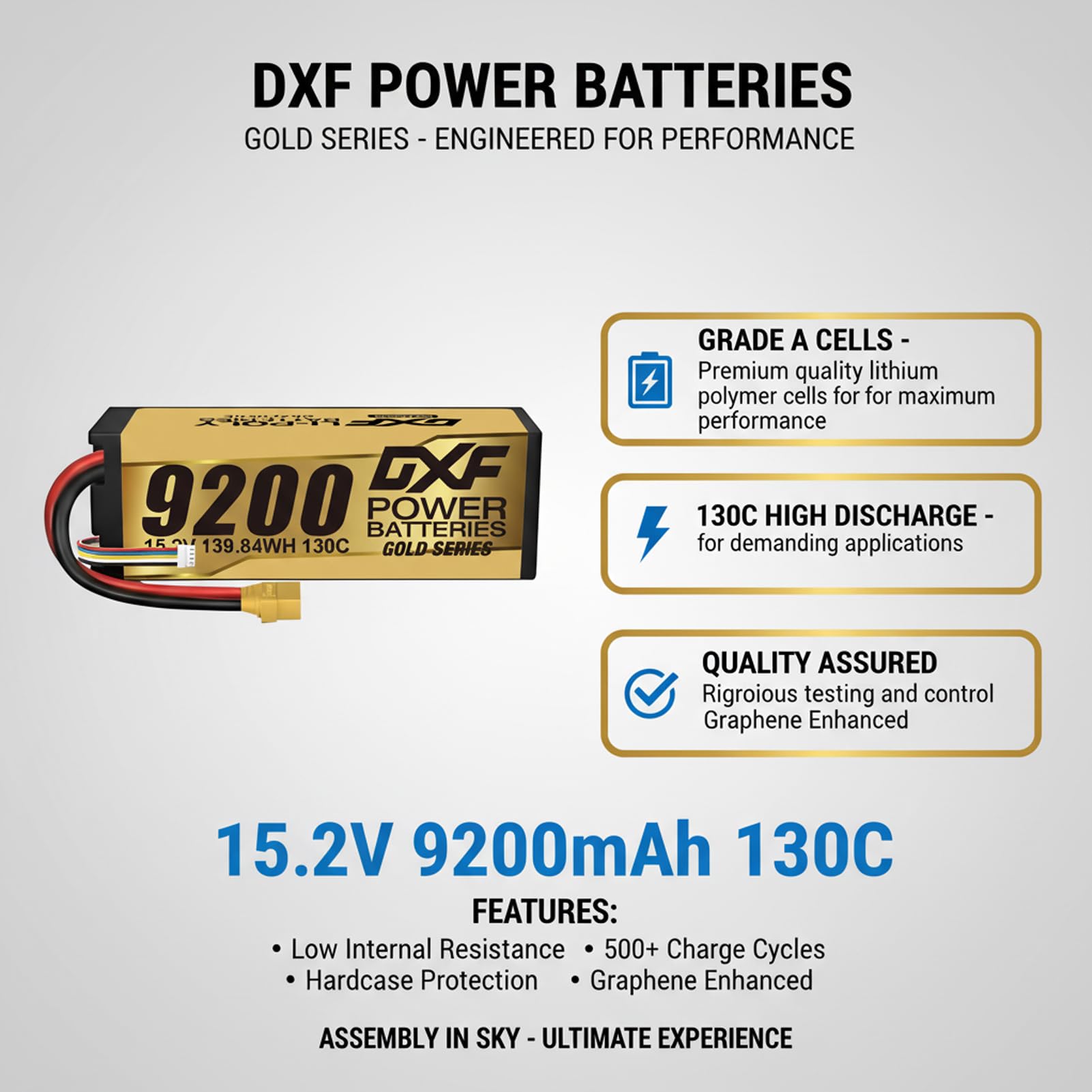 DXF 1 Confezione 4S Golden Series 15.2V 130C 9200mAh HV RC Li-Polymer Batteria rigida con connettore XT90 per RC Car RC Truck Tank Racing Models