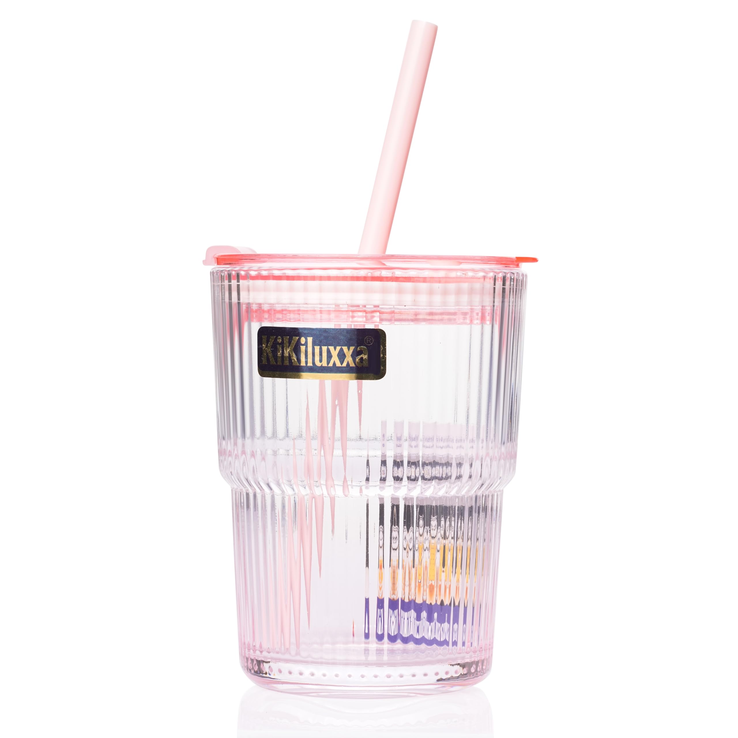 KiKiluxxa Coffee Can Glass Sipper Tumbler with Lid Straw - 400ml-Pack of 1- Green Tea Fruit Juice Milk Glass Cup Mug with Lid and Straw (Trandex P 1)