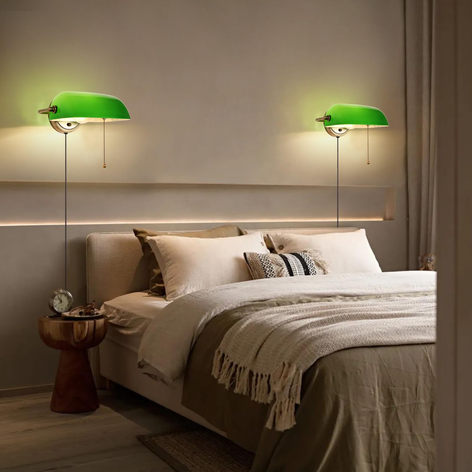 FIRVRE Grün Glas Bankers Wandleuchten Traditionelle Europäische Vintage Klassische Wandlampe mit Verstellbarem Lampenschirm und Plug in Schalter für Schlafzimmer Flur Bibliothek