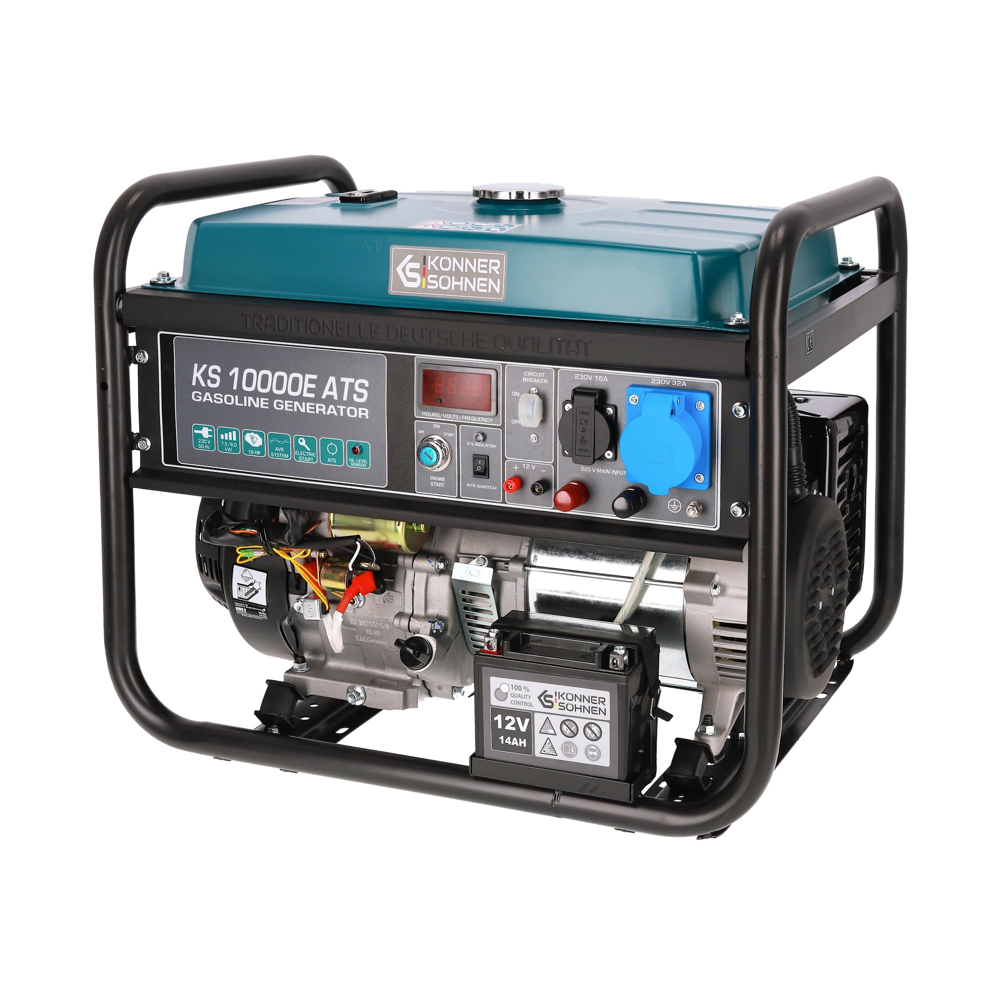 Generador de gasolina KS 10000E ATS con sistema ATS incorporado de una potencia máxima 8000 W, arranque manual/eléctrico/automático, 1x16A, 1x32A (230V), motor original EURO 5