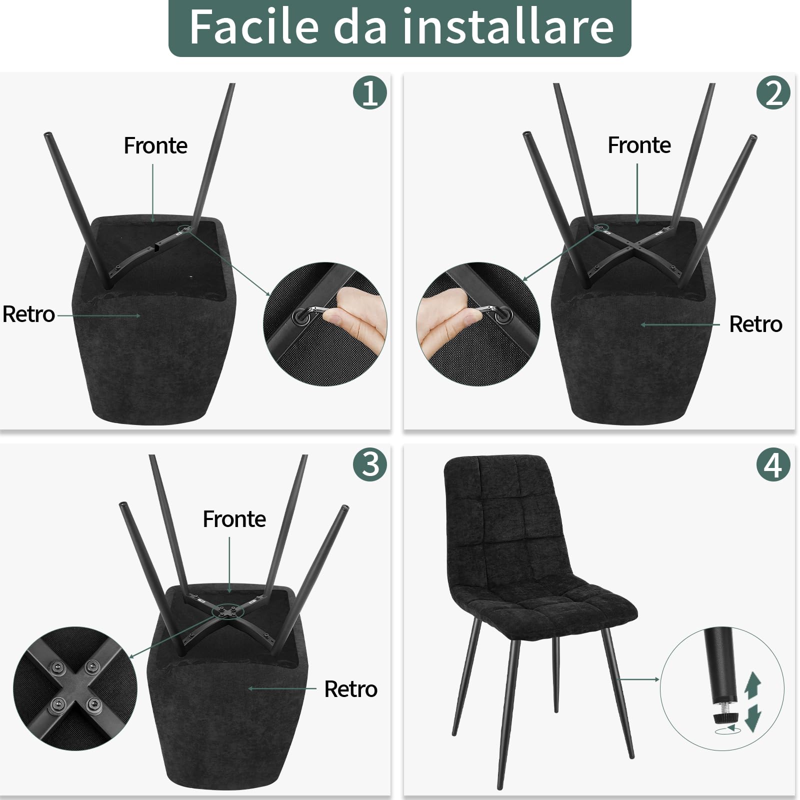 JIJIAN Set 4 Sedie da Pranzo, Sedie da Cucina in Lino, Nero | Gambe in Metallo, Stile Moderno, Portata Fino a 120 kg, Sedie Imbottite per Sala da Pranzo, Soggiorno e Cucina