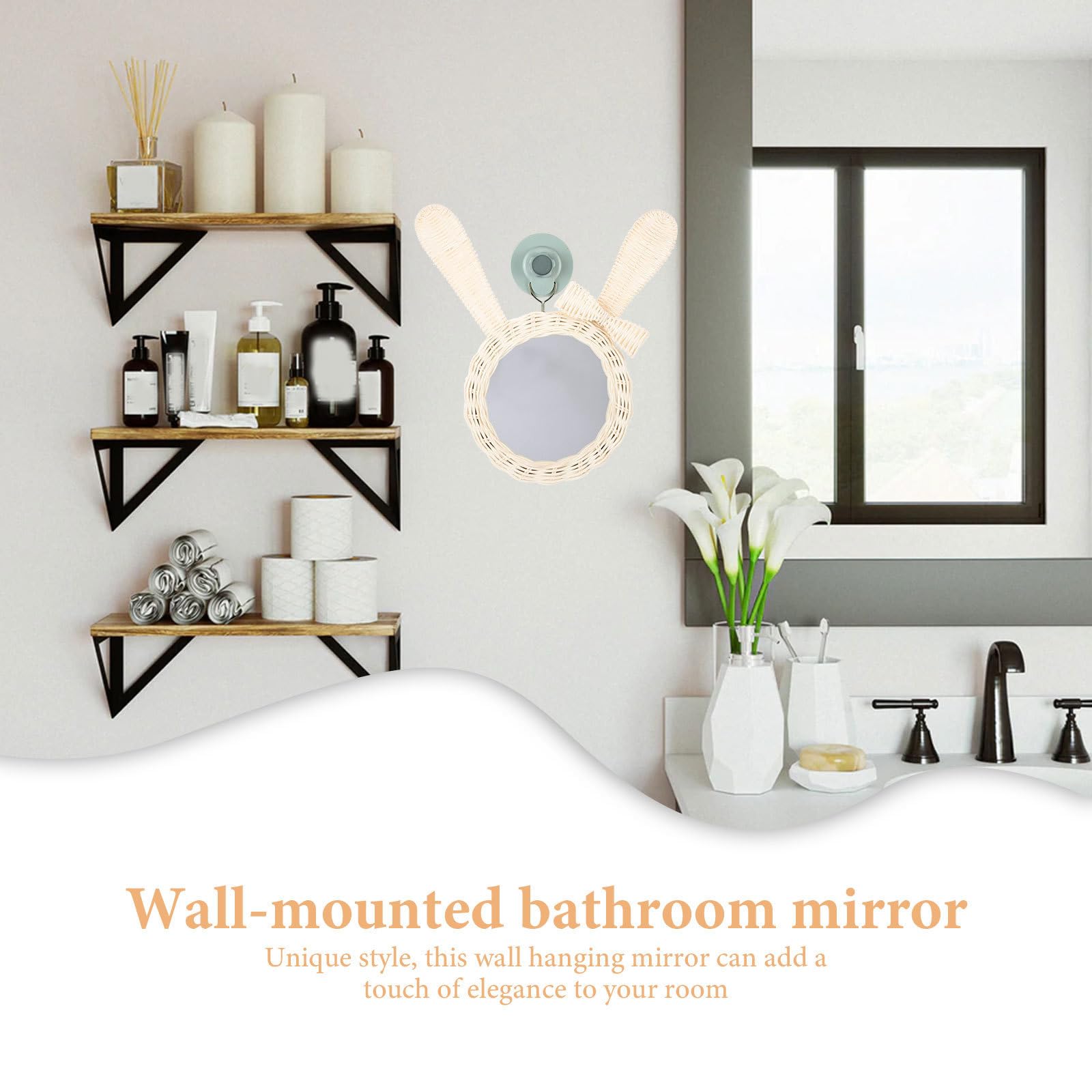 Espejo Colgante de Pared de Ratán Blanco Multipropósito para Baño y Sala, Decoración Elegante y Delicada para Maquillaje y Ambiente Moderno