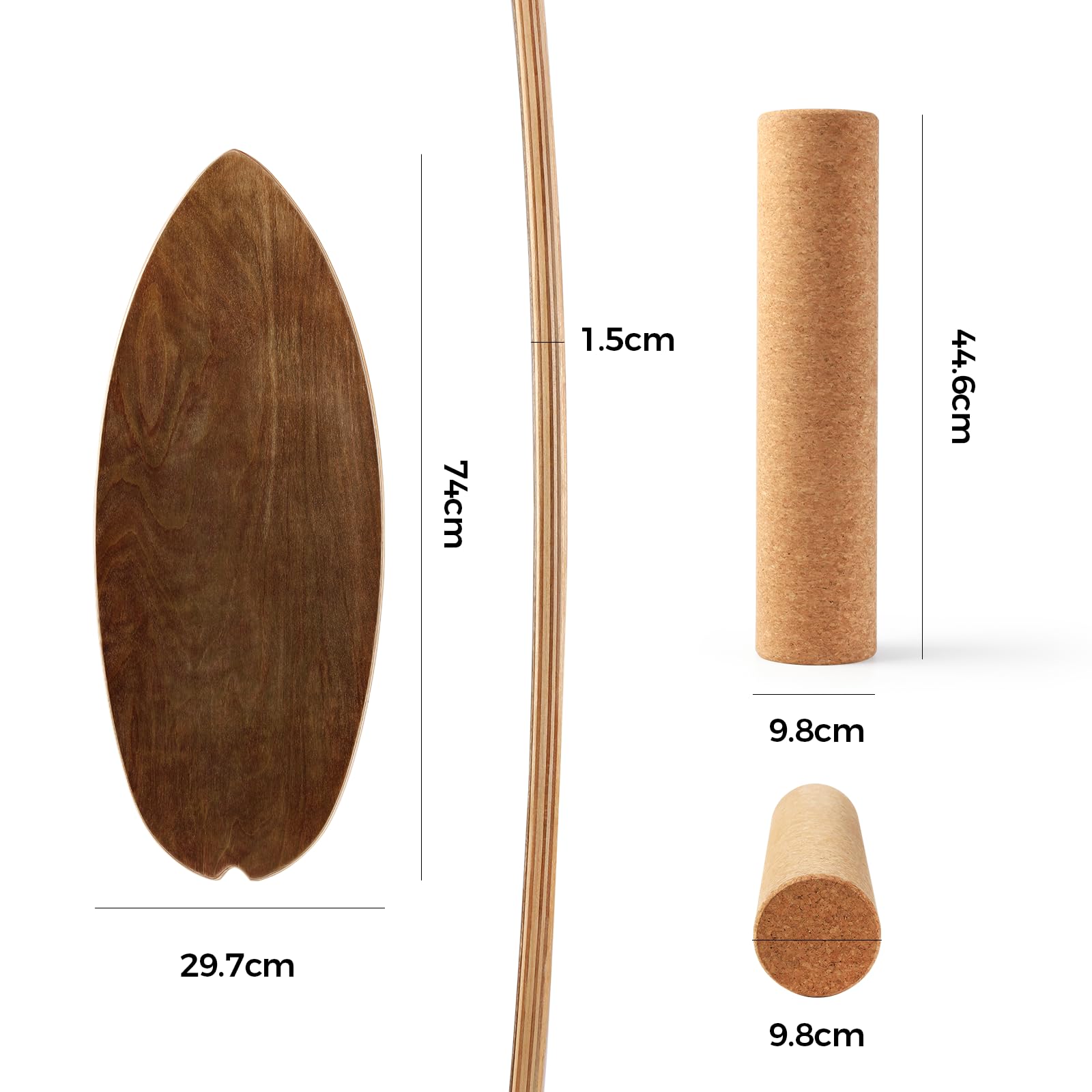 Balance Board, 15mm Dickes BalanceBoard + 10mm Korkrolle, Balance-Board Maximale Belastung 150kg, Indoor-Surfboard und Gleichgewichtsboard für Erwachsene