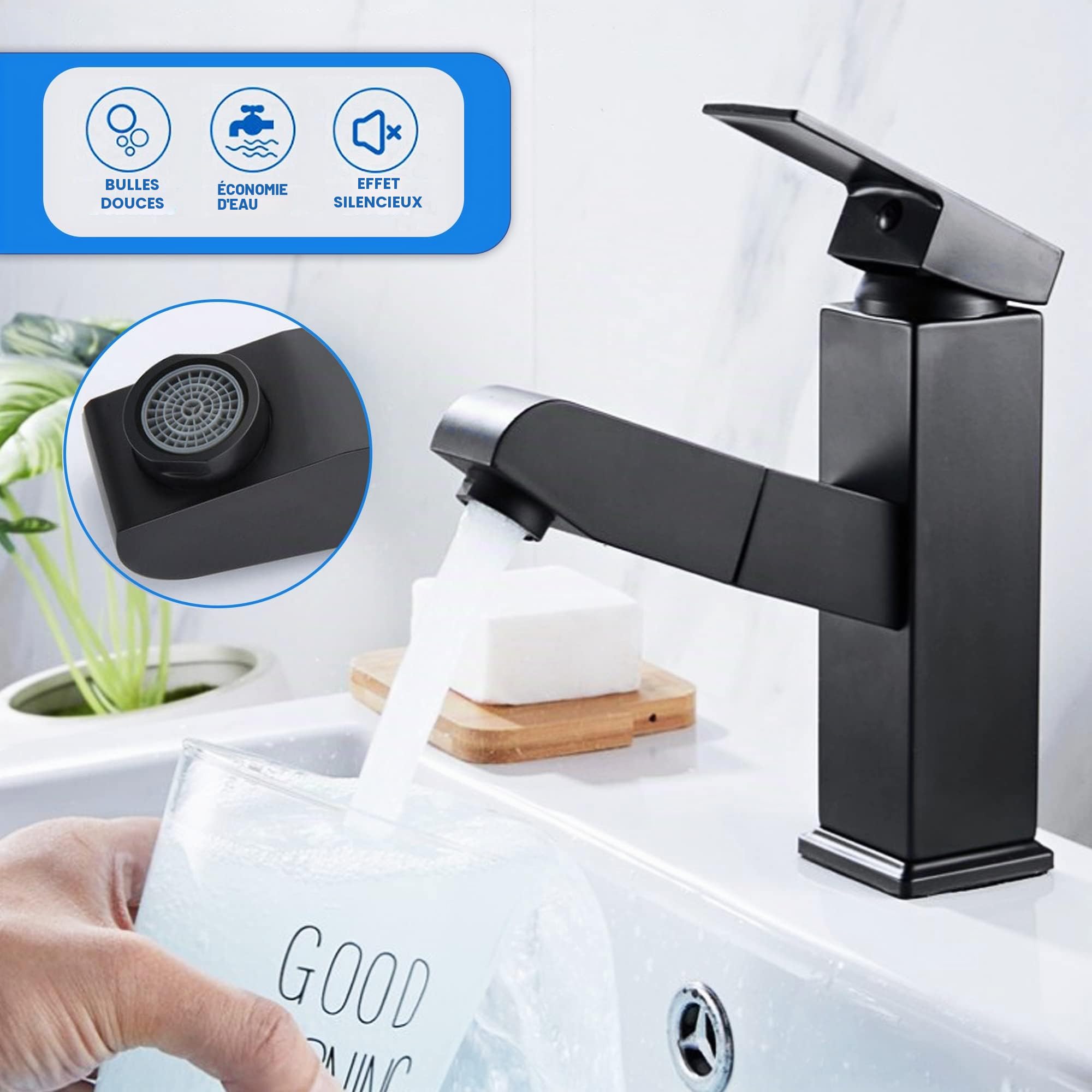 Robinet lavabo noir extensible en acier inoxydable mitigeur eau froide et chaude 2 tuyaux inclus robinet salle de bain