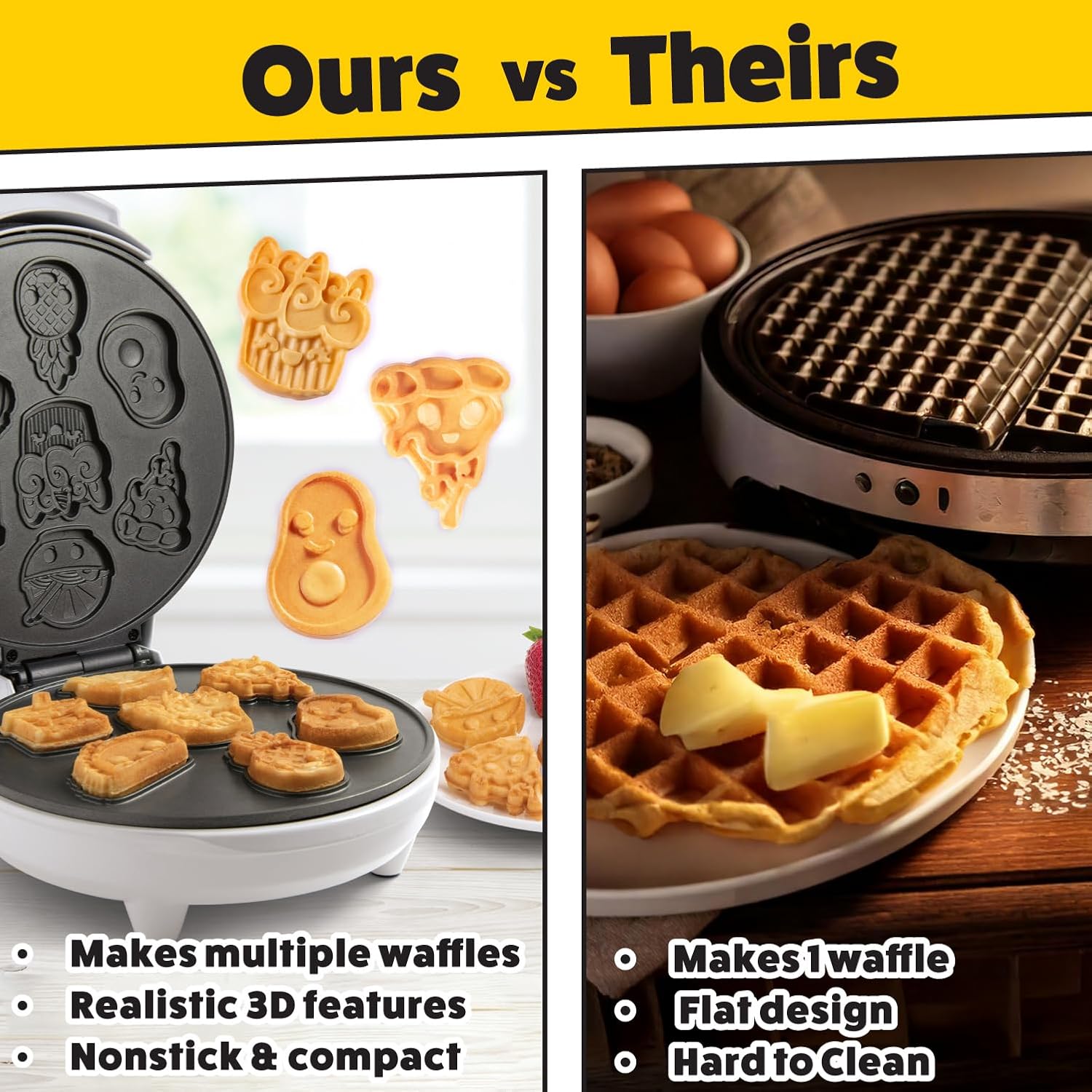 Fun Food Friends Mini Waffle Maker - 7 Different Kawaii Style Design Pan Cakes Feat. an Avocado Pizza Ramen Taco & More- Cool Electric Nonstick Waffler Iron for Morning Breakfast w Recipes - Kids Gift