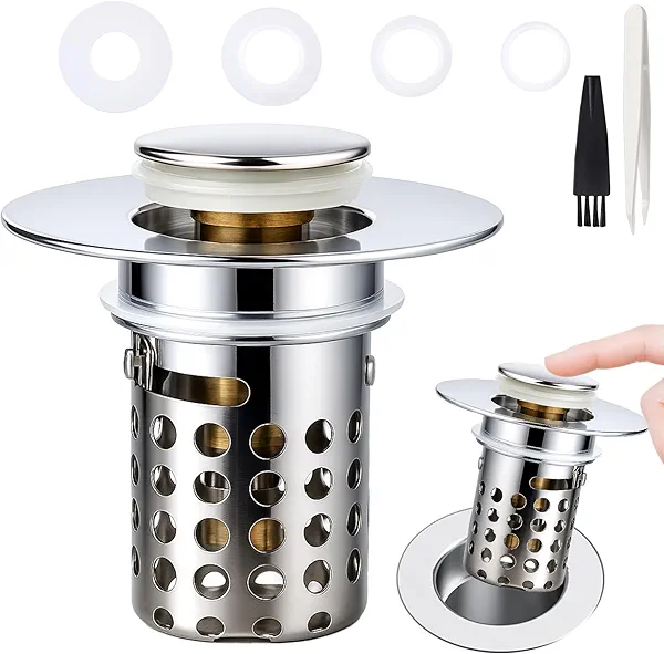Bathroom Sink Drain Strainer with Hair Catcher, Pop Up Sink Drain Stopper with Removable Stainless Steel Filter Basket for 1-1.45" Plughole, Anti-Clogging Strainer for Kitchen/Bathroom 1 Pcs
