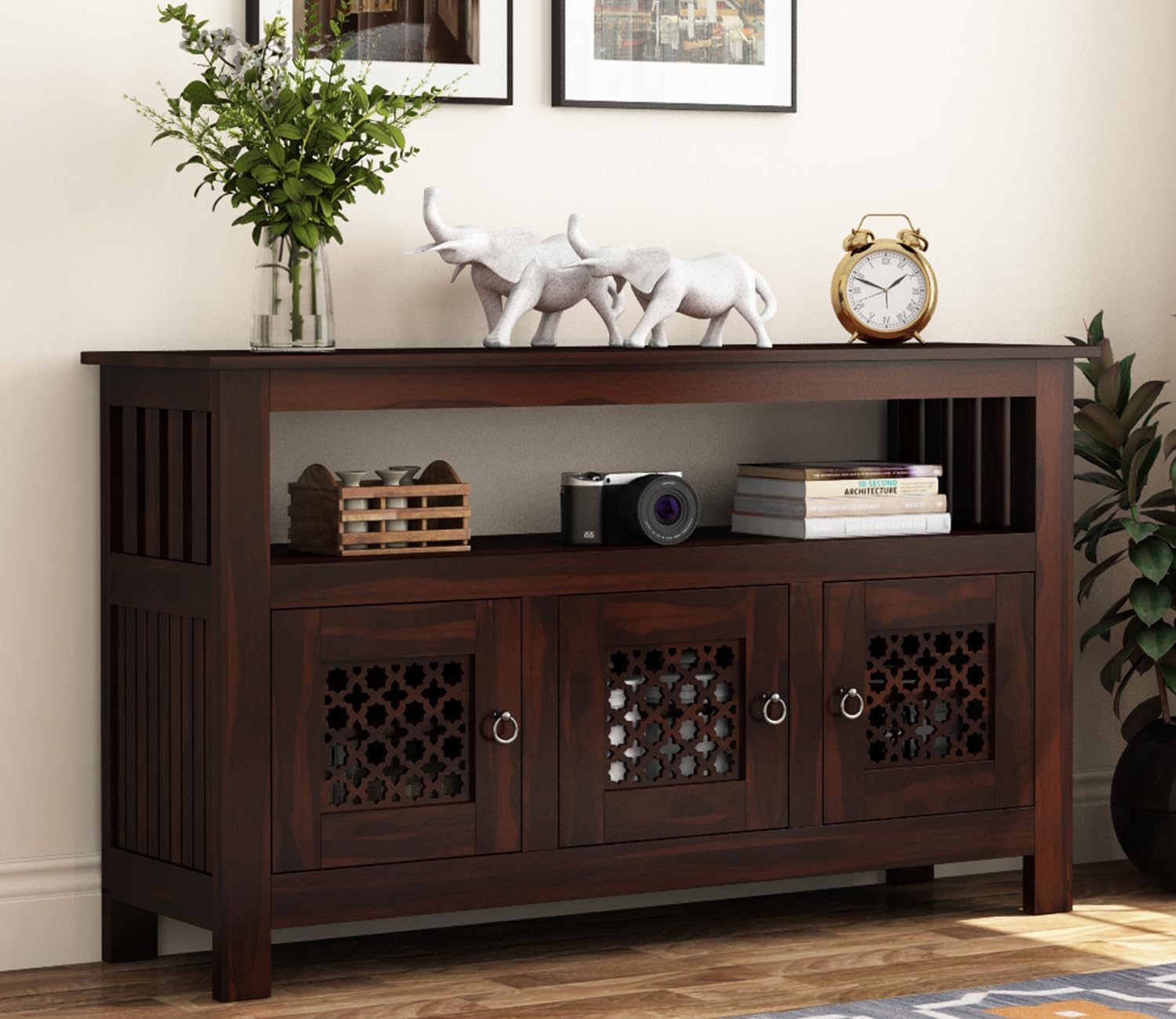 DADDYFURNITURE Solid Sheesham Wood Crockery Cabinet with Three Glass Doors and Versatile Storage for Living Room. Wooden Kitchen Cabinet with 3 Shelves and 3 Door Storage. (Walnut)-image-46