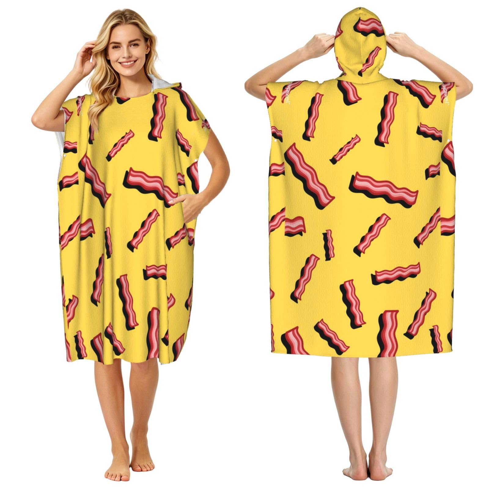Poadnly Bacon Yellow Background, Adult Hooded Beach Towel 90 x 110 cm,Changing Bath Robe, Surf Poncho Towel For Women Men