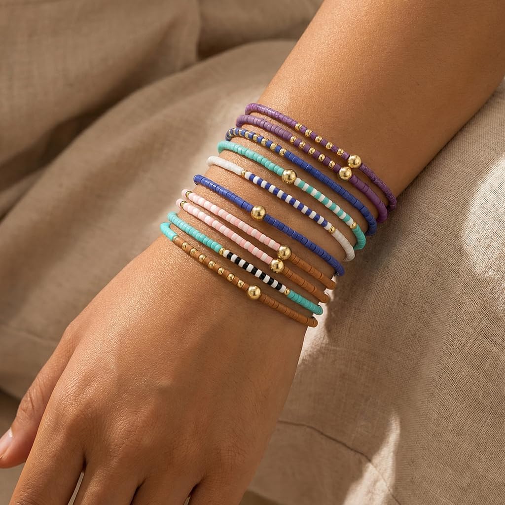 14K Gold Beaded Colorful Tiny Beads Bracelet Stack for Women image 3