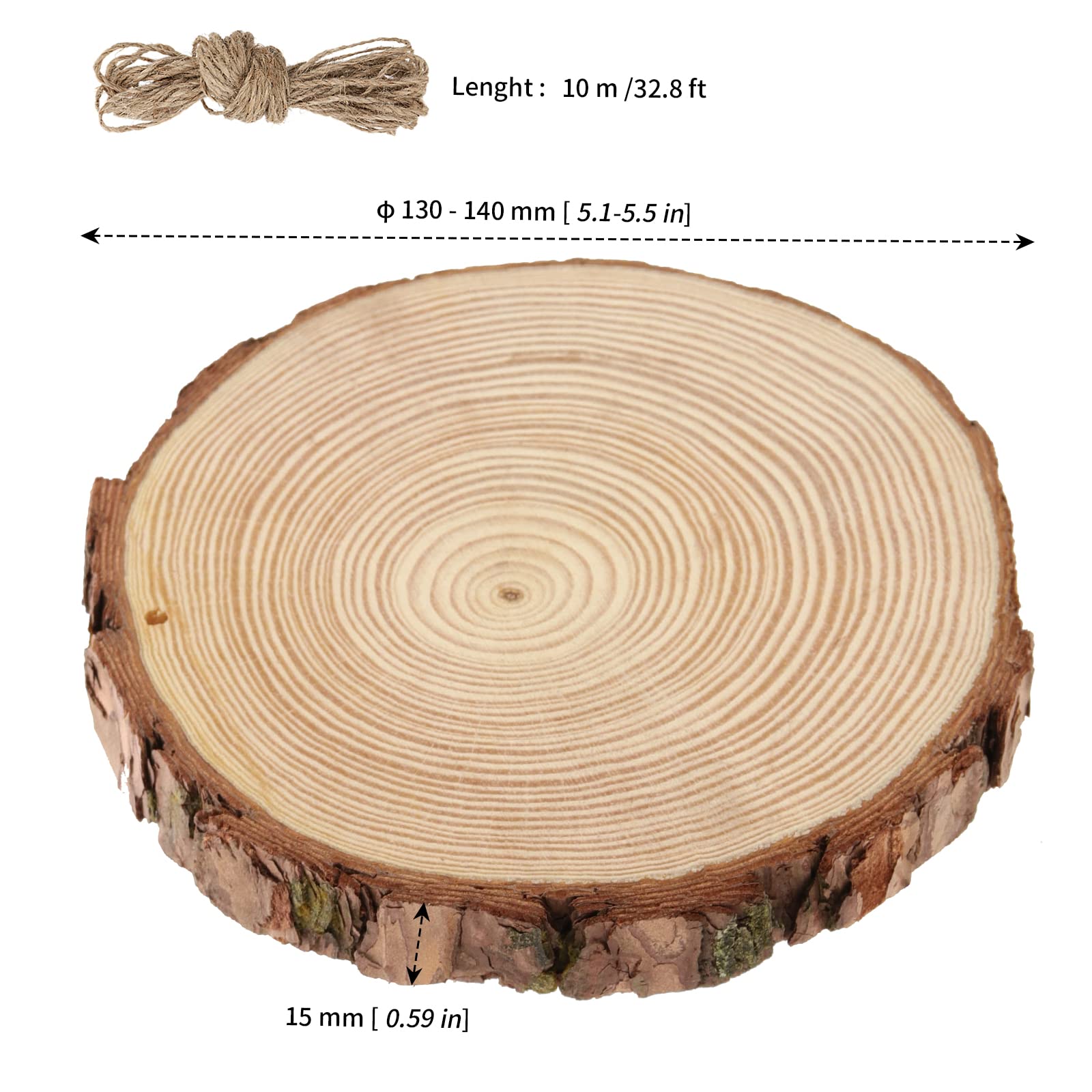 MANCHAP 12 PCS 13-14cm Drilled Hole Wood Log Slices, 1.5cm Unfinished Wooden Discs with Hanging String for Crafts Painting - Image 2