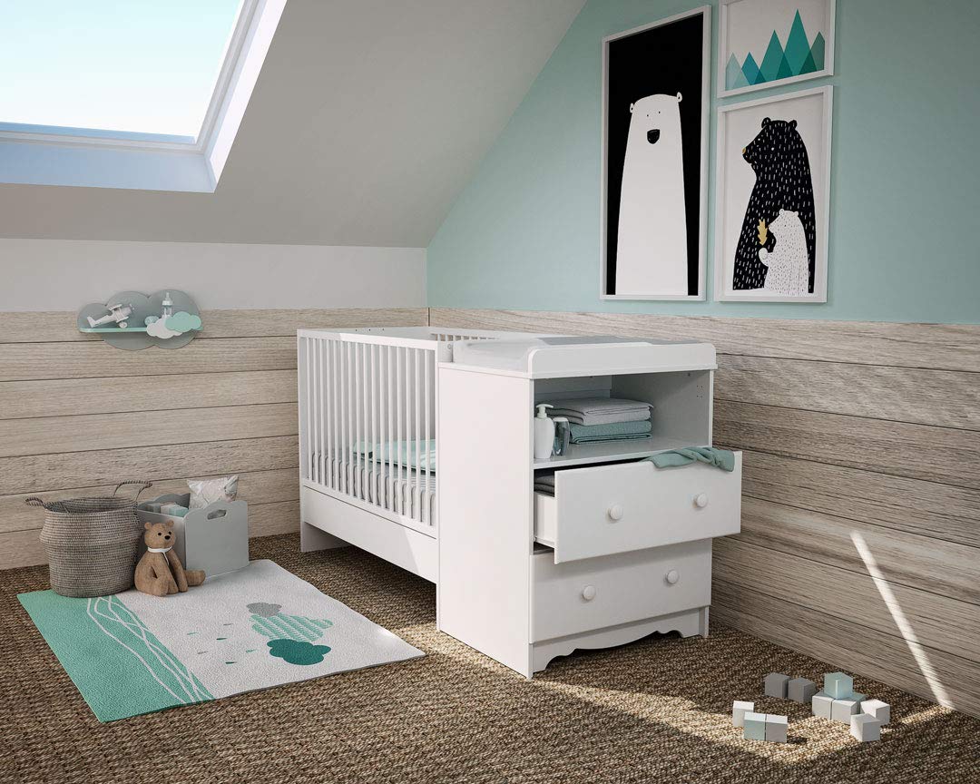AT4 - Cuna bebé y cómoda cambiador MARELLE madera - Blanco - 60 x 120-194 x 94 x 70 cm