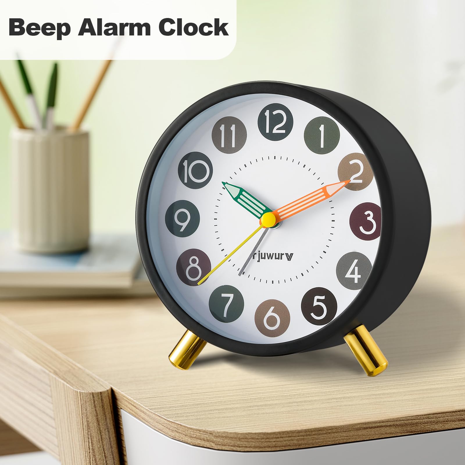 rjuwurv Reloj despertador de metal súper silencioso, reloj despertador de escritorio, reloj despertador para dormitorio, reloj despertador de interés infantil (negro)