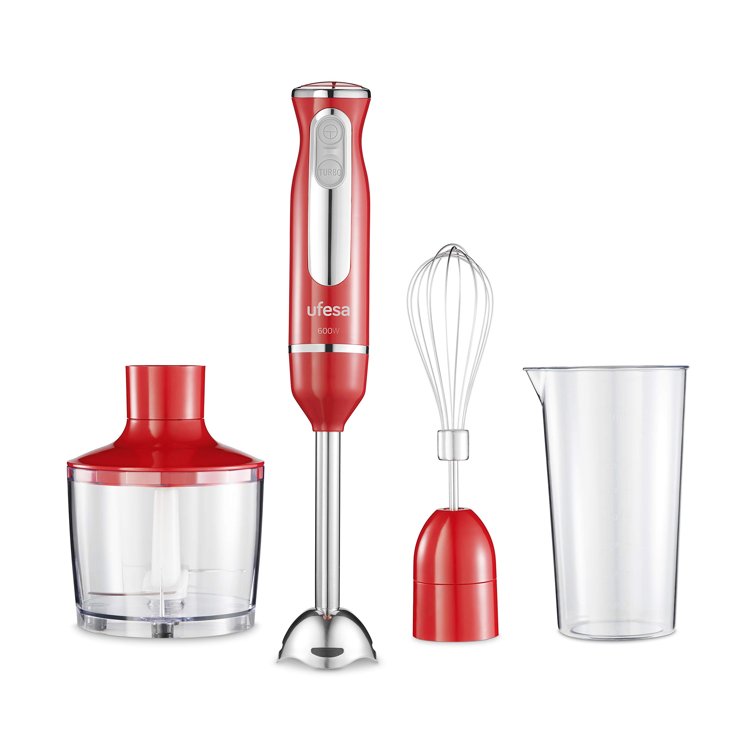 Ufesa BP3443 Stabmixer, Leistung 600 W, Turbo-Funktion, 2 Klingen und Fuß aus Edelstahl, ergonomisches und spritzwassergeschütztes Design, inkl. Zubehör, BPA-frei, Farbe Rot (Advanced Red)