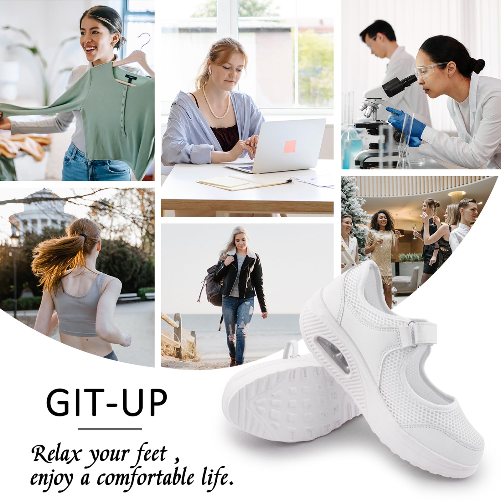 Git-up Damen Walking Schuhe mit Klettverschluss Atmungsaktives Vermascht Krankenschwester Schuhe Leichtes Memory Schaum Luftkissen Sneaker