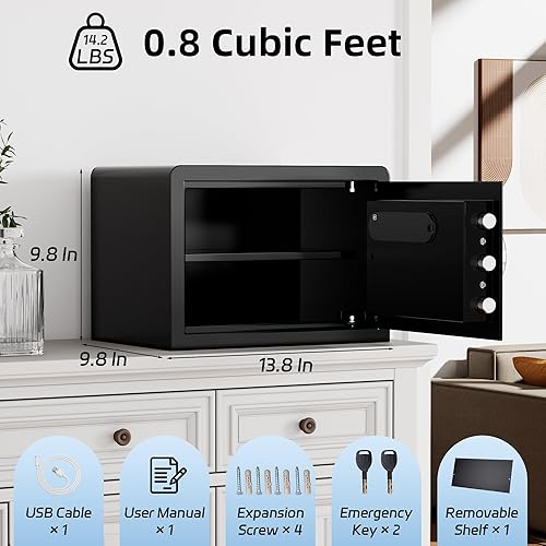 Miniatura 2 de Caja fuerte biométrica inteligente, caja fuerte para el hogar de 0.8 pies cúbicos con bolsa ignífuga, caja fuerte pequeña con teclado digital, 9.8 x