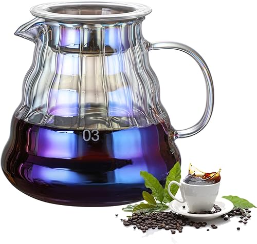 Jarra de café de vidrio, 16.9 fl oz de servidor de café para verter sobre vidrio, cafetera colorida y transparente para verter sobre jarra,