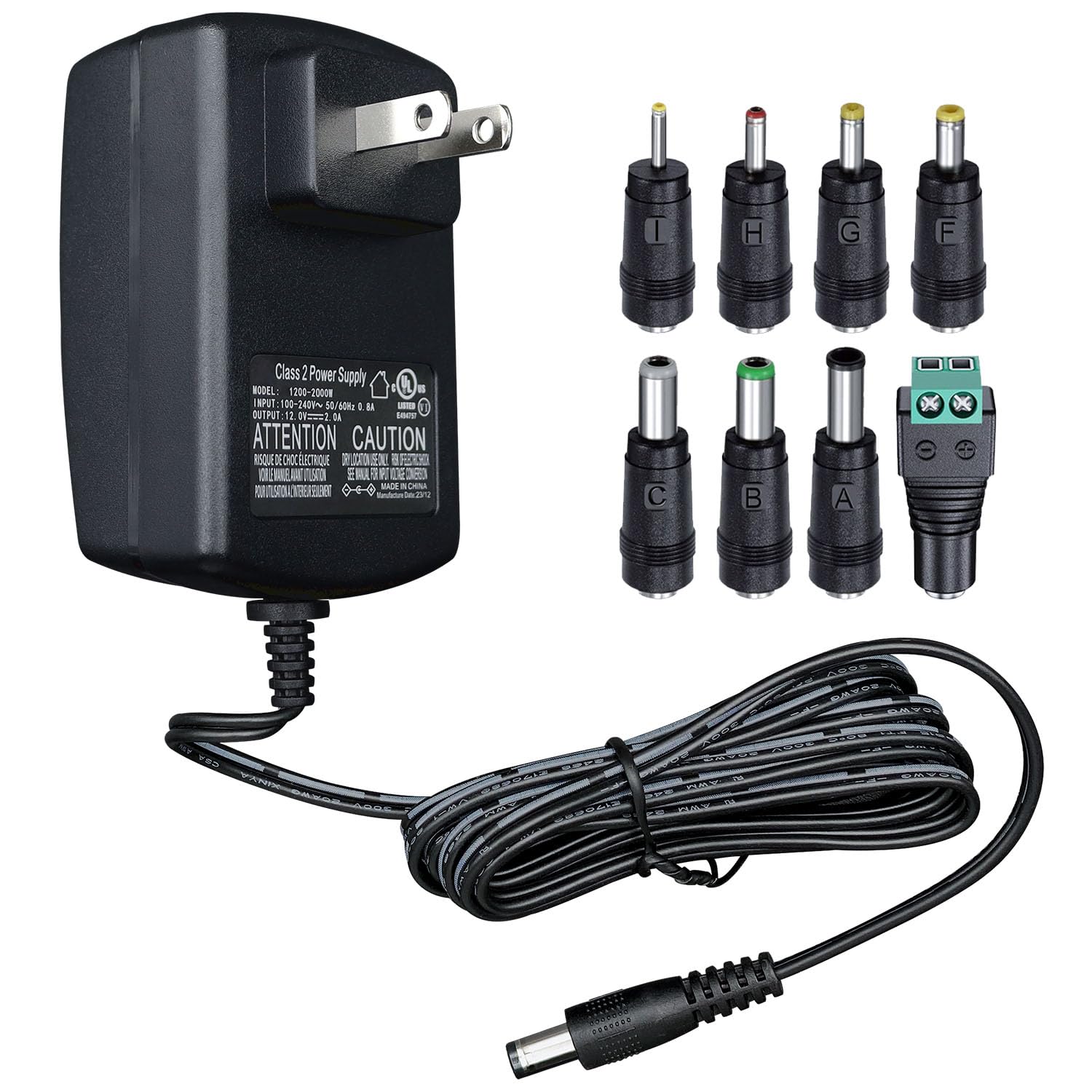 UL Listed 12V 2A 10ft Power Supply Adapter with 8 Tips, 24W 1.5A 1A 0.8A 0.5A AC/DC Switching Adapter for LED Strip Lights Keyboard BT Speaker Router
