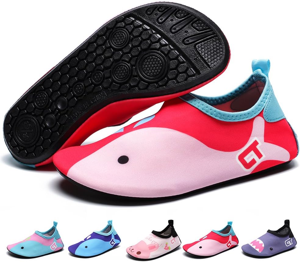 Water Shoes Lightweight Barefoot Swim Skin Aqua Socks Shoes Slip-on for Kids Beach Pool Red Pink 7.5-8