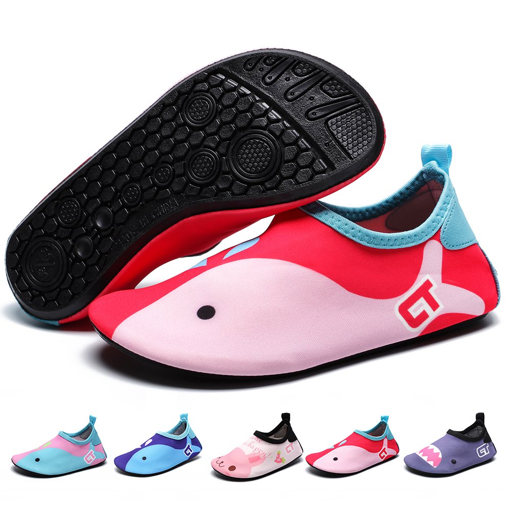 Water Shoes Lightweight Barefoot Swim Skin Aqua Socks Shoes Slip-on for Kids Beach Pool Red Pink 7.5-8