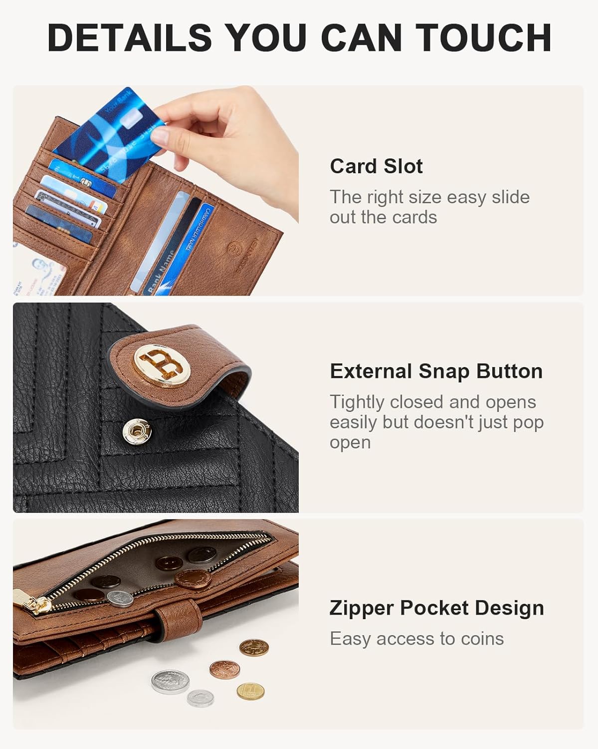 BOSTANTEN Slim Wallet Women Leather RFID Blocking Credit Card Holder Bifold Thin Wallet with Zipper Pocket Black&Brown - Image 3