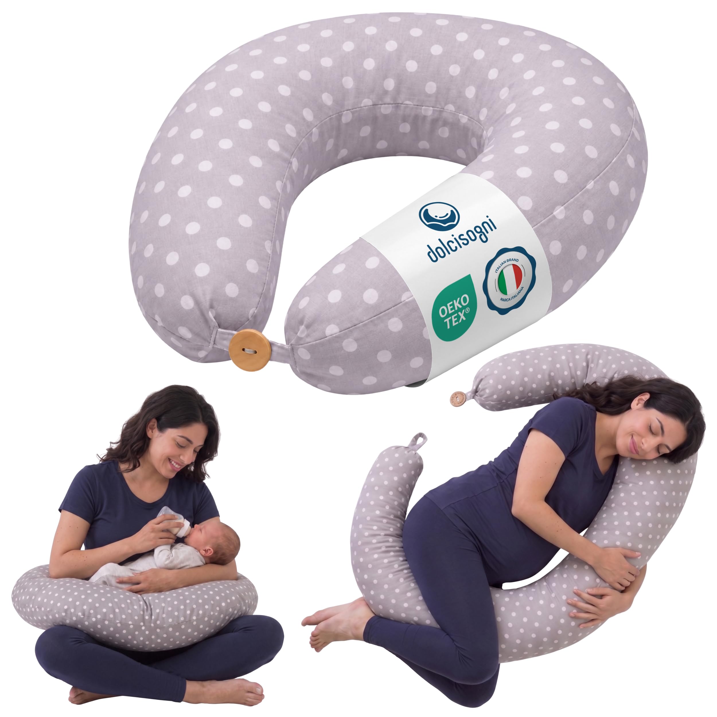 DOLCI SOGNI Coussin de Grossesse et Allaitement Multiusage | Coussin de Grossesse pour Dormir | Housse 100% Coton Oeko-TEX Déhoussable | Cadeau Femme Enceinte Prémaman