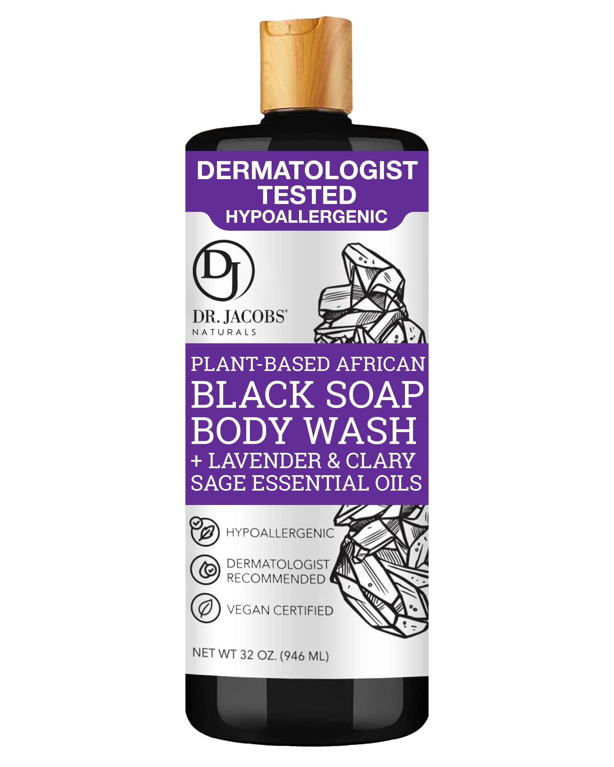 Dr Jacobs Naturals Authentic African Black Liquid Soap with Lavender & Sage Scent All-In-One Face Wash, Sensitive Skin Body Wash, Shampoo, Shaving