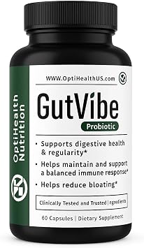 OptiHealth Nutrition GutVibeTM PhD-Formulated Probiotic, Bloating & Digestive Health Support, Saccharomyces Boulardii, Bifidobacterium Infantis, Bacillus Subtilis & Lactobacillus Acidophilus, 22B CFU