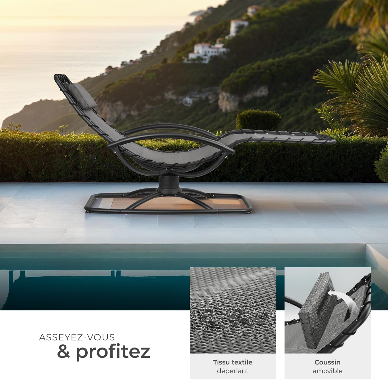 tectake® Chaise Longue Bain de Soleil Ergonomique et à Bascule Max. 120Kg, Imperméable, Transat Jardin Exterieur Relaxation Camping Salon de Jardin Exterieur Amenagement Balcon Terrasse Piscine Lounge