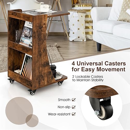 Miniatura 15 de GOFLAME Juego de 2 mesas auxiliares en forma de C, mesa auxiliar de sofá móvil con 2 compartimentos traseros de almacenamiento, ruedas giratorias