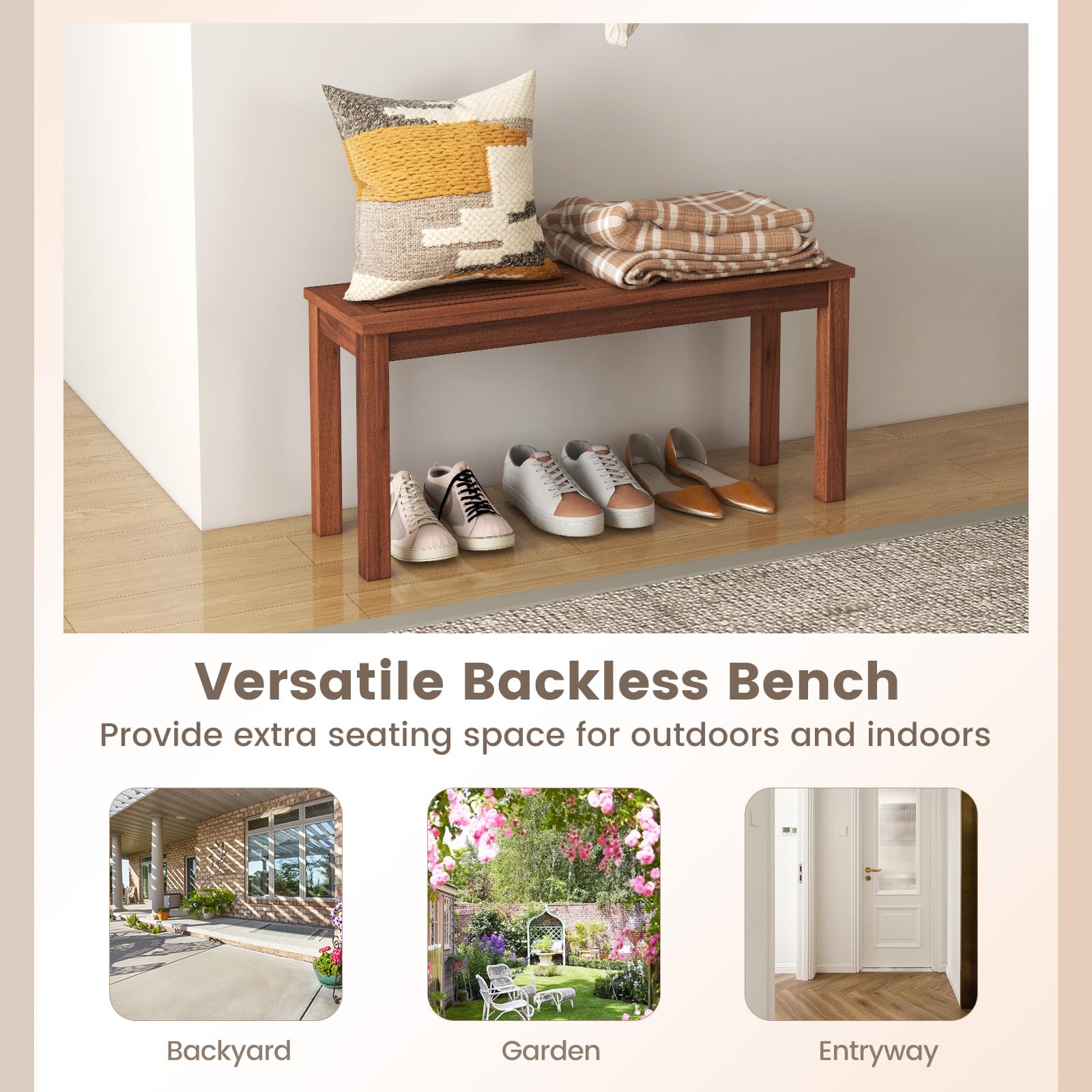 GIANTEX Panchina da Esterno per 2 Persone, Panchina da Patio con Seduta a Doghe, Telaio in Legno Massiccio Resistente alle Intemperie, Panchina da 2 Posti per Balcone, Piscina (1, 100x30,5x47 cm)