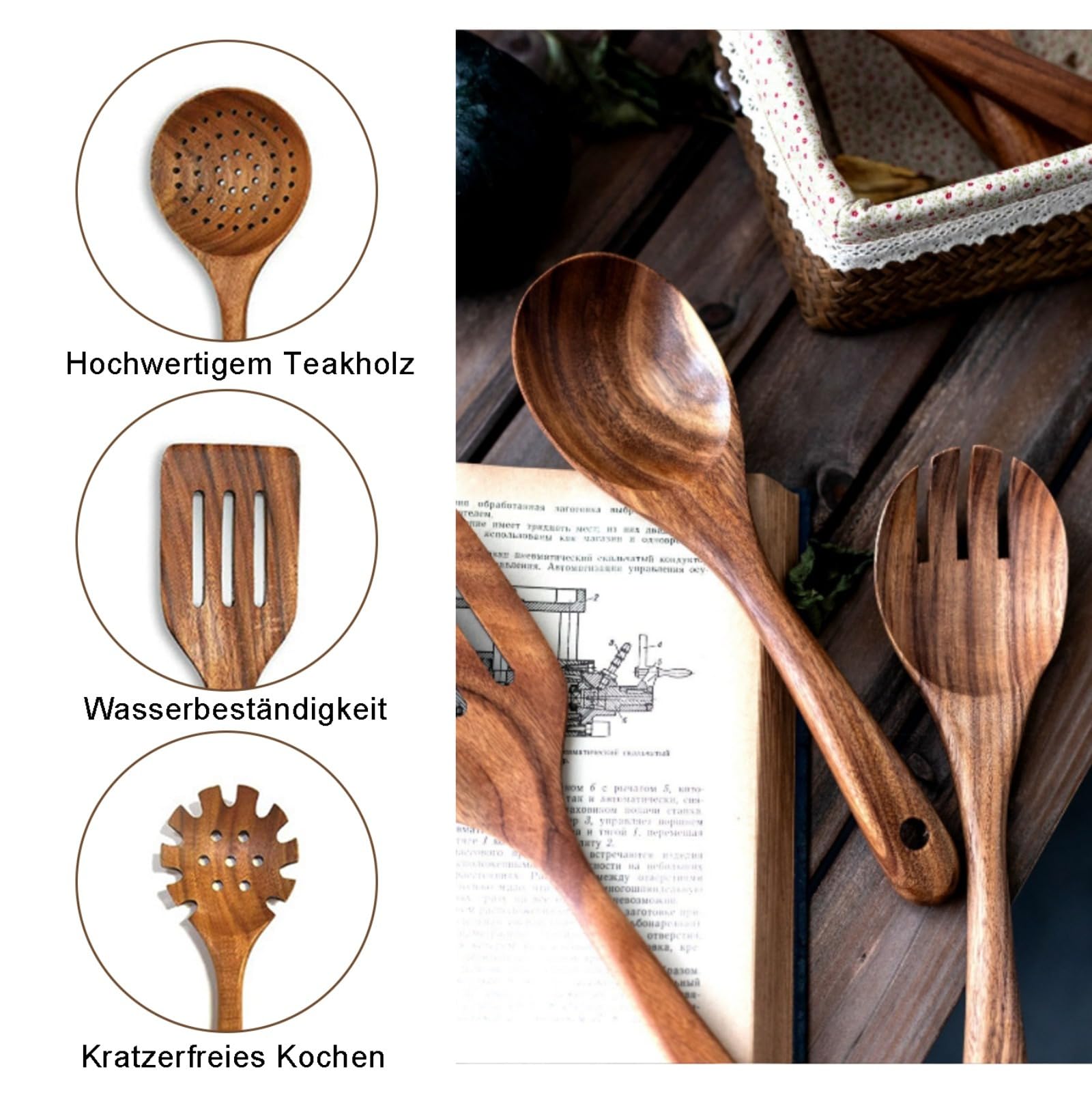 Holzkochlöffel, 9 Stück Holzlöffel zum Kochen, Premium Kochlöffel Set, Küchenutensilien aus Teakholz für das Kochen Rühren, Kochbesteck Set Perfekt für Ihre Küche