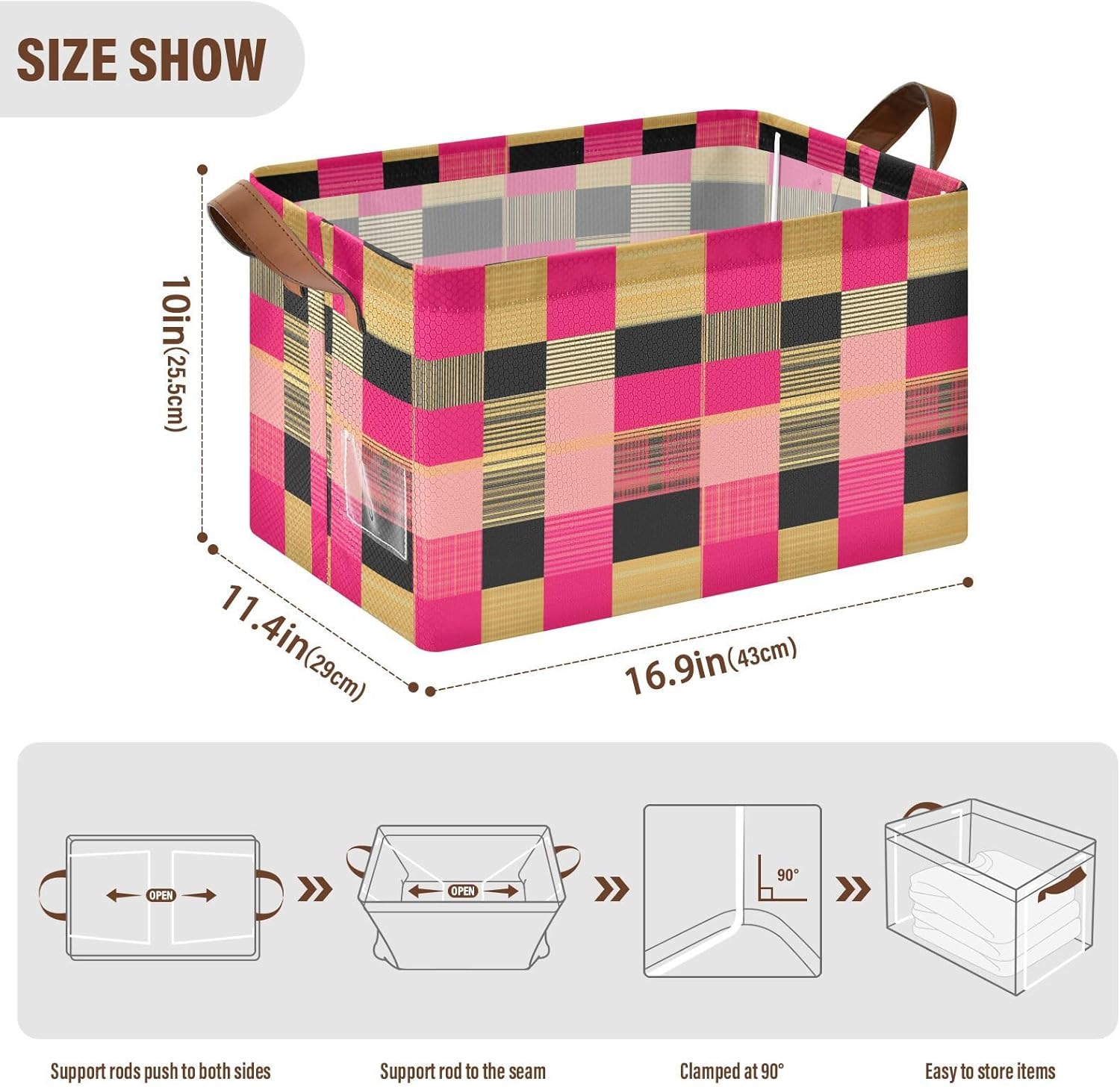KLL Buffalo Plaid Check Hot Pink Gold Jellyfishs Foldable Storage Basket with Handles Cube Storage Containers for Bedroom, Office, Closet, Clothes 2 Pack caja para guardar ropa