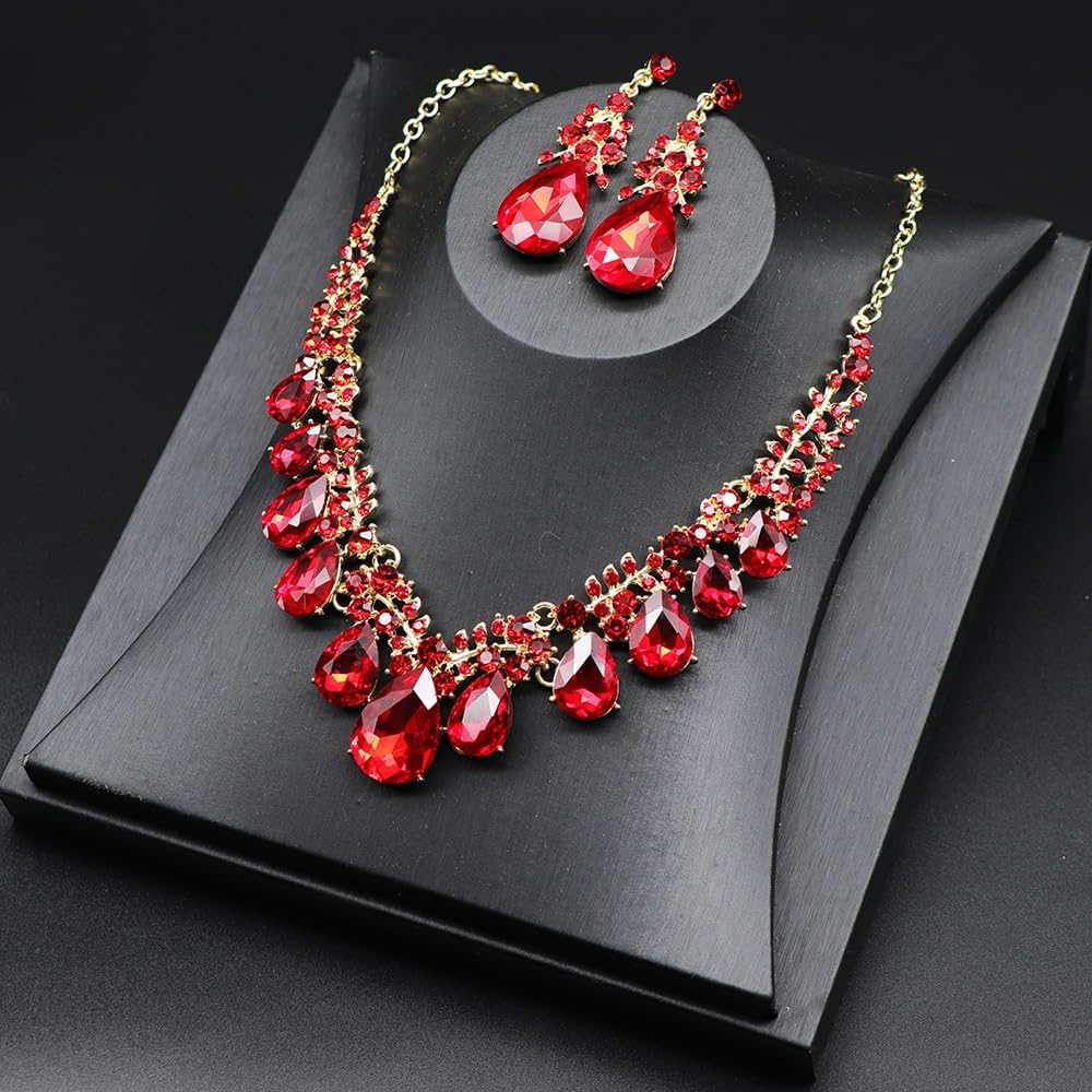 Crystal Teardrop Bridal Jewelry Set Rhinestone Bib Statement Necklace Dangle Earrings Women Costume Fashion Necklace for Wedding Prom - Image 5