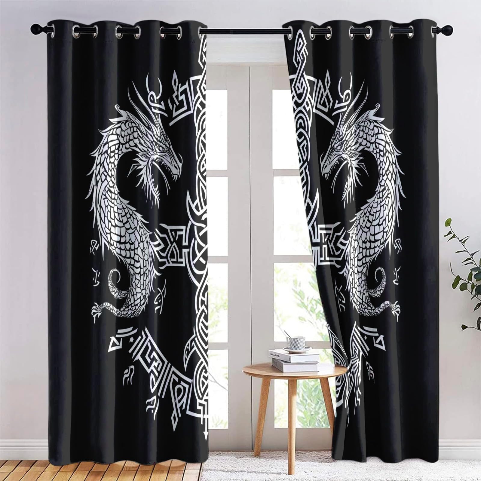 Zasłony Zaciemniające Rune Wikingów Fantasy Smok 117 L x 229 cm (2 panele) Biały Czarny, Izolowana Termoizolacyjna Miękka Zasłona Z Oczkami, Poliestrowe Zasłony Zaciemniające Drukowane Do Salonu