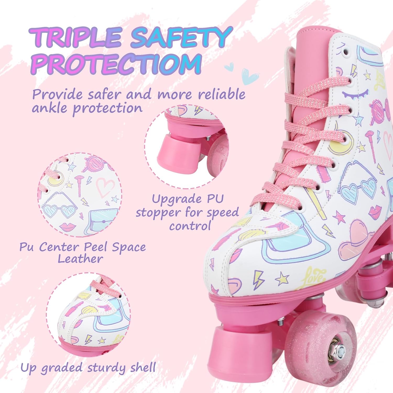 YYW Roller Skates for Girls and Women, Cute White PU Leather Light Up Kids Youth Girls Indoor Outdoor Roller Skates Ages 6-12