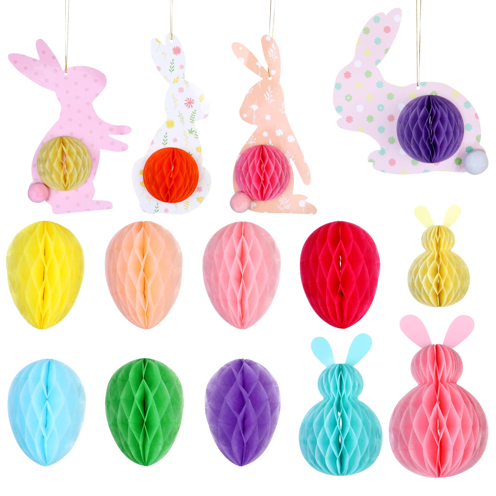 14 Pieces Easter Bunny Ornaments 3D Honeycomb Paper Rabbit Hanging Decorations Easter Honeycomb Ornaments for Home Outdoor Indoor Easter Party Supplies