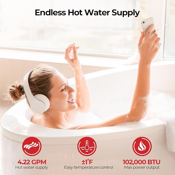 CAMPLUX Climatech 3 Tankless Water Heater Gas 4.22 GPM, 102,000 BTU Propane Tankless Water Heaters, High Efficiency Instant Hot Water with Multi-Points Use for Whole House, Indoor, CX422, White