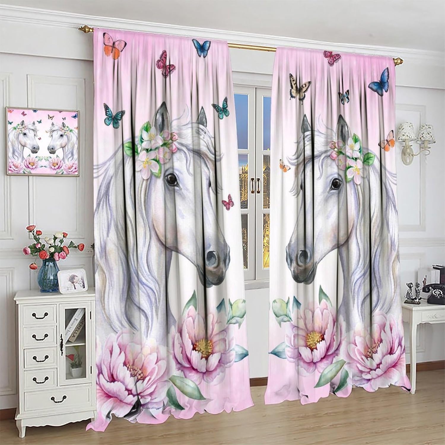 Cartoon Horse Blackout Curtains Watercolor Pink Flowers Butterfly Window Treatments for Kids Boys Girls Baby Bedroom Nursery Toddler Home Rod Pocket Drapes 2 Panels 42x63 Inch