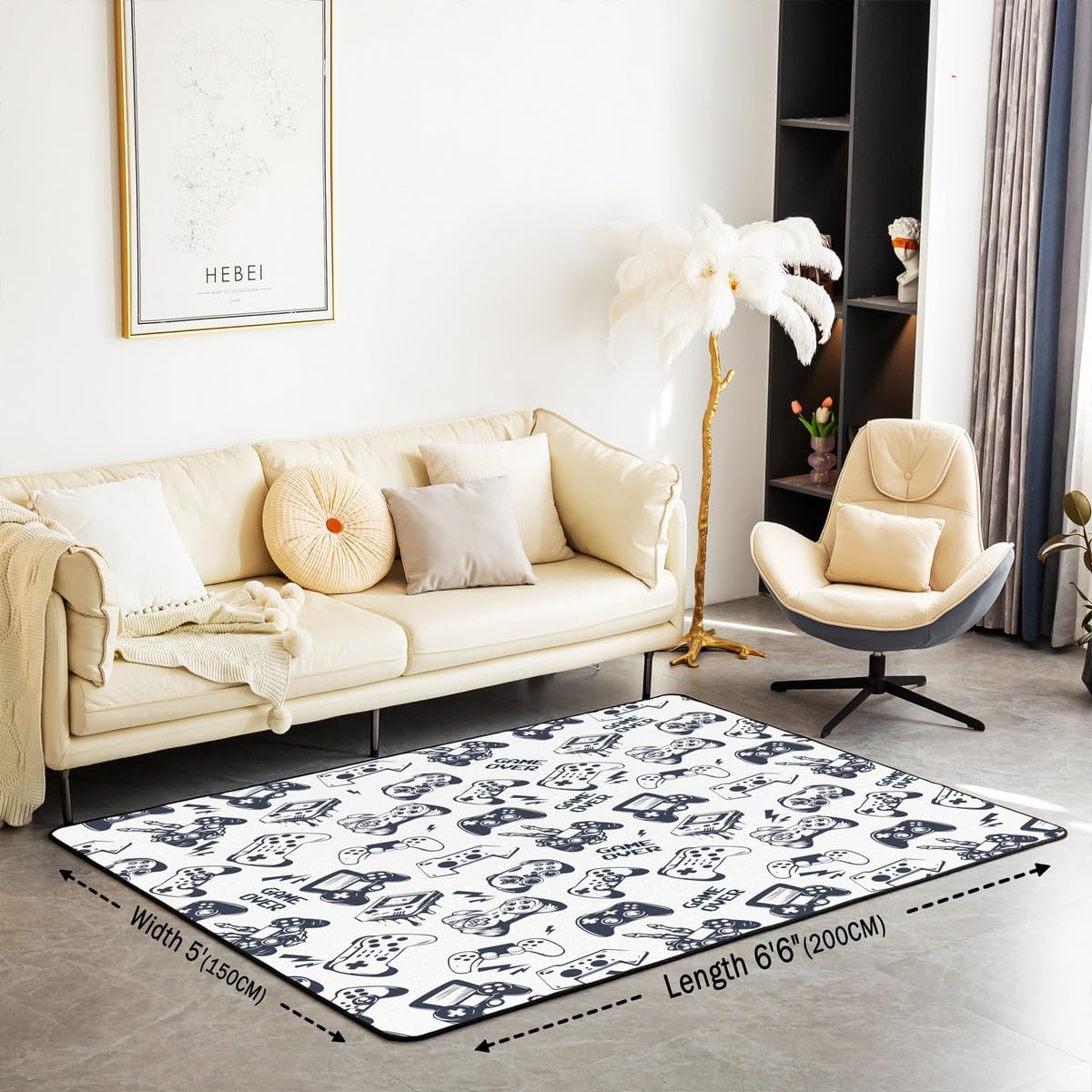 Loussiesd Dywan do salonu dla graczy, 100 x 150 cm, gamingowy dywan akcentujący dla chłopców, dziewcząt, nastolatków, nowoczesny kontroler konsoli do gier, mata podłogowa, joystick, biała wycieraczka,