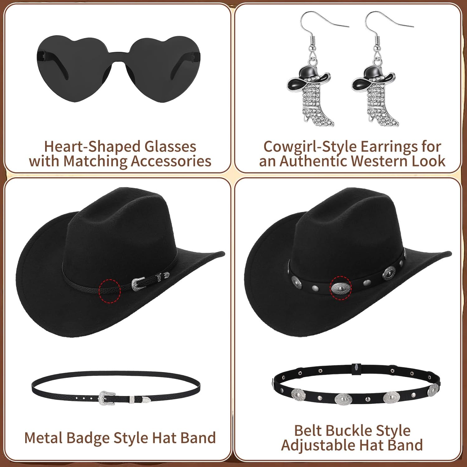 5 Pcs Western Cowboy Hat Set with Two Decorative Bands Earrings Heart-Shaped Sunglasses for Men Women Cosplay Party Black - Image 4