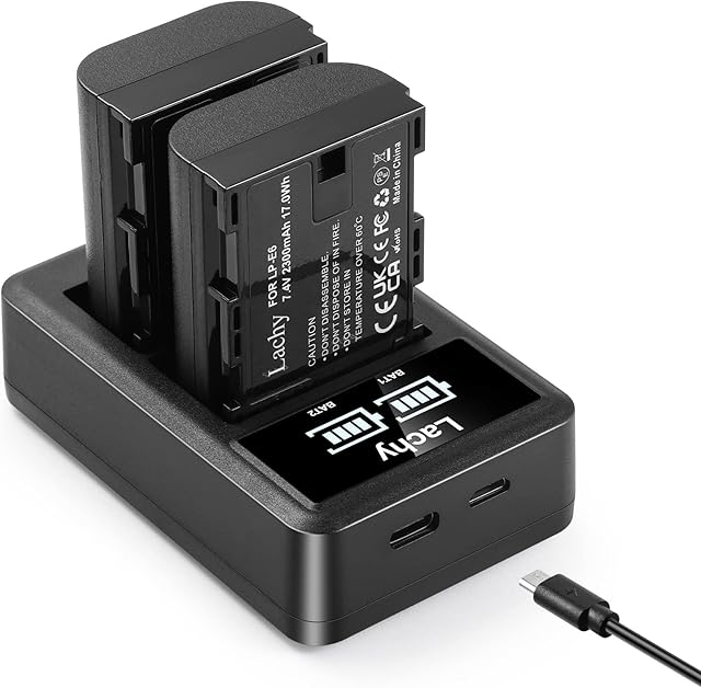 Lachy 2-Pack LP-E6 Battery Pack 2300mAh and Dual Battery Charger for Canon EOS R EOS R5 EOS R6 EOS R7 EOS 90D EOS 60D EOS 70D EOS 80D EOS 5D IV EOS 6D II EOS 7D EOS 7D Mark II Cameras