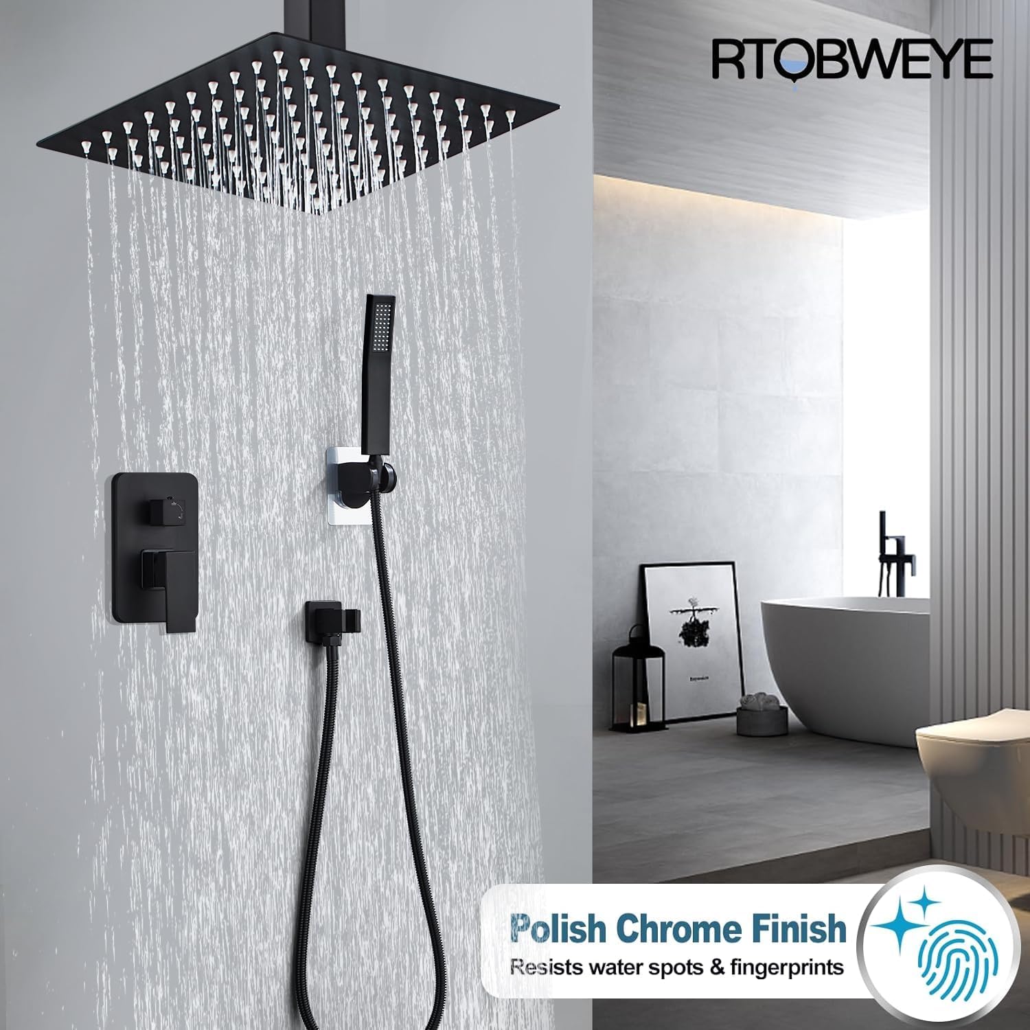 10 Inch Shower Faucet Set Ceiling Mount, High Pressure Rainfall Shower System, Square Rain Shower Spray Combo Luxury Shower Fixtures Matte Black